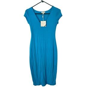 See You Monday Fitted Midi Dress M Womens Blue V Neck Stretch Coastal NWT